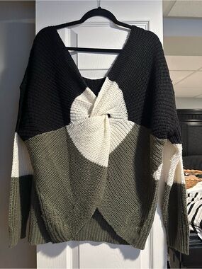Off-the-Shoulder Black, Olive & Cream Twist Knit Sweater